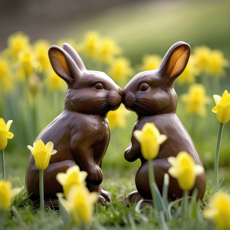 Two chocolate Easter bunnies sitting in a spring daffodil garden are kissing each otherの素材