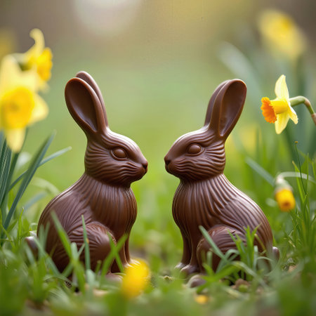 Two delightful chocolate bunny sculptures nestled in a lush grassy field, enveloped by cheerful yellow daffodilsの素材