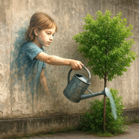 A realistic mural depicts a young girl reaching out with a watering can, cleverly integrating with a real tree growing against the wallの素材