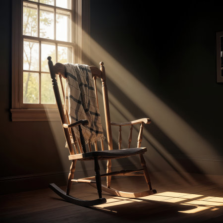 A wooden rocking chair draped with a plaid blanket is illuminated by soft sunlight streaming through a window, casting gentle shadows on the floorの素材
