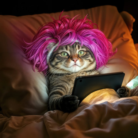 A tabby cat with a vibrant pink wig lies cozily in bed, engrossed in a tablet that emits a soft glowの素材