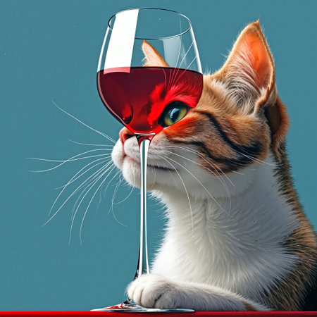 A cat curiously peers through a wine glass filled with red wine, distorting its face amusinglyの素材