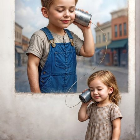 A boy and a girl are using a tin can telephone to communicate, with a young boy in a painting hanging on the wall, and the little girl is outsideの素材