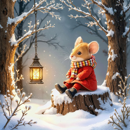A cute mouse dressed in a red coat and scarf sits on a snow-covered tree stump, looking at a glowing lantern, surrounded by a winter forestの素材