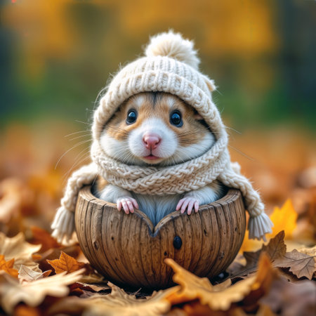 A cute hamster is snugly wrapped in a knitted hat and scarf, sitting in a walnut shell surrounded by autumn leavesの素材