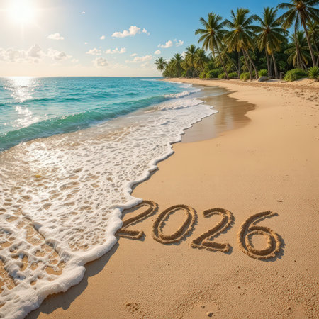 Golden sand stretches along a palm-lined beach with the number "2026" written in the sandの素材