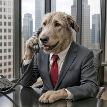 An Irish Wolfhound dog is humorously depicted in a business suit, sitting at an office desk while talking on a phoneの素材