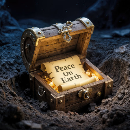 An open wooden treasure chest lies in a dark hole, containing a scroll that reads 'Peace On Earth', emitting a warm glow from golden contents, symbolizing a message of hope and uniの素材