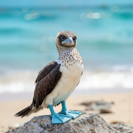 A blue-footed booby bird with striking blue feet stands elegantly on a rock by the seasideの素材