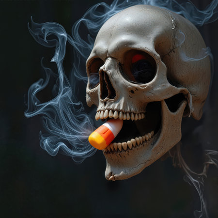 A skull holds a piece of candy corn in its teeth, exhaling whimsical swirls of smokeの素材