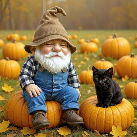 A cheerful gnome with a white beard sits on a pumpkin in a pumpkin patch, accompanied by a curious black cat among autumn leavesの素材