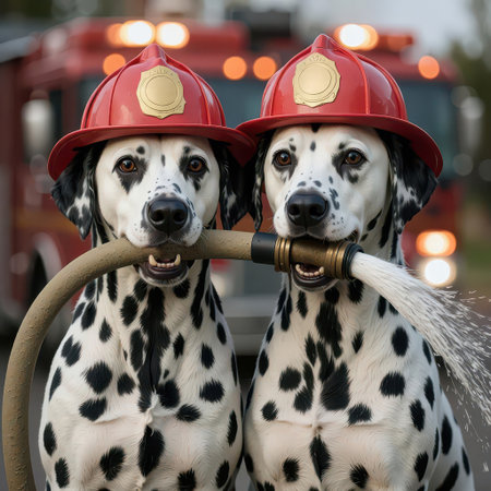 Two Dalmatians, wearing firefighter helmets and holding a hose, are poised for action with a fire truck blurred in the backgroundの素材