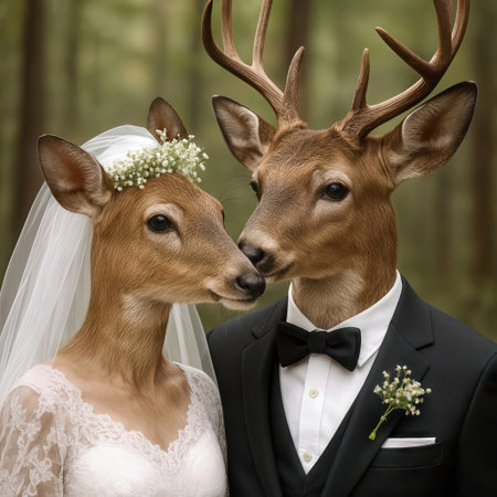 A deer couple in wedding attire, with the doe bride in a floral headpiece and veil and the buck groom in a suit and bow tie, stands in a forestの素材
