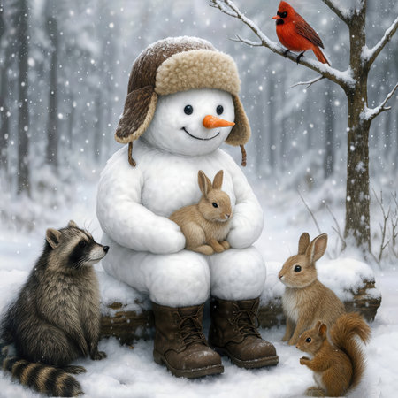 A charming snowman perched on a snowy log, surrounded by delightful woodland creatures in a picturesque winter forestの素材