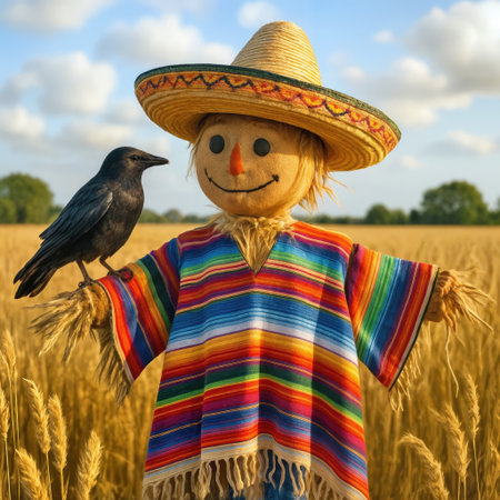 A cheerful scarecrow in a colorful poncho and straw hat stands in a wheat field with a crow perched on its outstretched arm, adding a touch of whimsyの素材