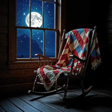 A colorful quilt drapes over a wooden rocking chair positioned by a large window, where the bright full moon lights up the night skyの素材