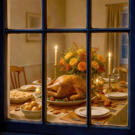 A beautifully set dining table, viewed through the window, showcases a roasted turkey as the centerpiece, surrounded by a variety of side dishes and flickering candlesの素材