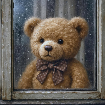 A plush brown teddy bear sits behind a rain-speckled window, gazing out with a thoughtful expressionの素材