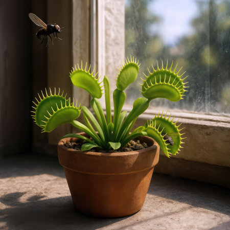 A vibrant Venus flytrap plant in a terracotta pot by a window attracts a nearby hovering fly, creating a captivating natural sceneの素材