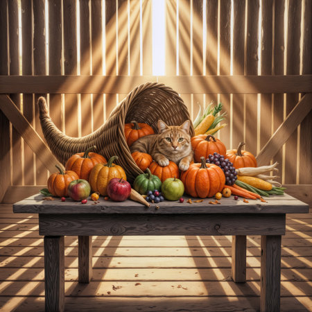 A ginger cat nestled within a beautiful Thanksgiving cornucopia, surrounded by the warm glow of a sunlit rustic barn, creates an enchanting scene that embodies the spirit of gratitの素材