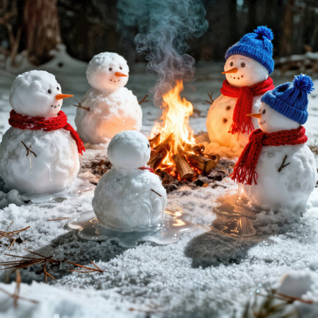 A group of snowmen gathers around a cozy campfire in a picturesque winter forest, their frosty figures gradually melting away as they bask in the warmth of the flamesの素材