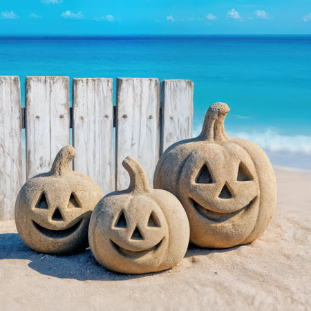 On the beach, creative sand sculptures took the form of jack o'lanterns, beautifully placed against a backdrop of a weathered whitewashed fence and the soothing sound of ocean waveの素材