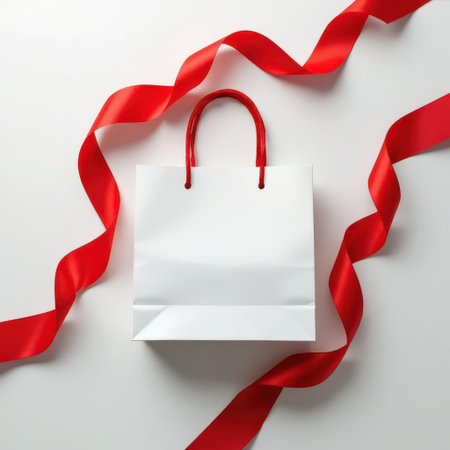 A plain white gift bag sits centrally on a light background, its vibrant red ribbon gracefully flowing around it, adding an elegant touchの素材