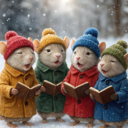 Four mice, dressed in colorful coats and hats, happily sing outdoors as snowflakes fall around them, creating a charming winter sceneの素材