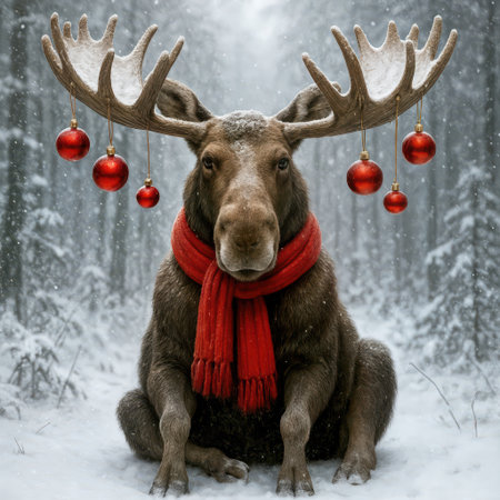 In a snowy forest, a moose sits gracefully, adorned with a bright red scarf and festive red baubles hanging from its antlersの素材
