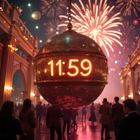 As fireworks burst in the night sky, a large metallic shiny ball shows '11:59' while a crowd gathers beneath an archway to watch the dazzling displayの素材