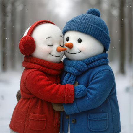 A snowwoman and a snowman, dressed in colorful winter attire, share a warm hug in a snowy forestの素材