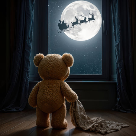 A teddy bear gazes out the window at the full moon, with Santa's sleigh silhouetted against the night sky, as the softly lit room creates a cozy and magical atmosphereの素材