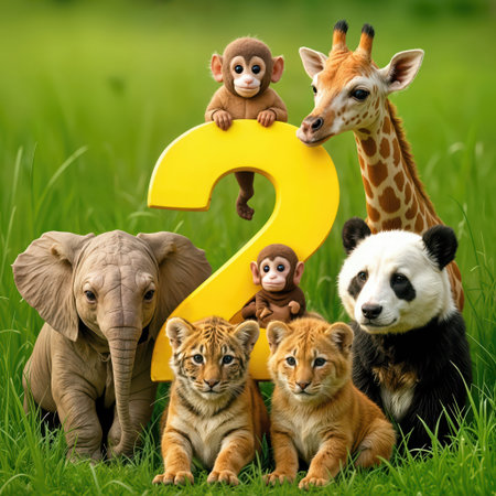 Young wild animals are posing in tall green grass beside a large yellow number twoの素材