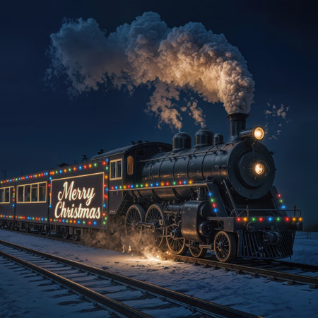 A vintage locomotive, beautifully illuminated with vibrant "Merry Christmas" lettering and dazzling, colorful lights, journeying through a picturesque, snowy landscapeの素材