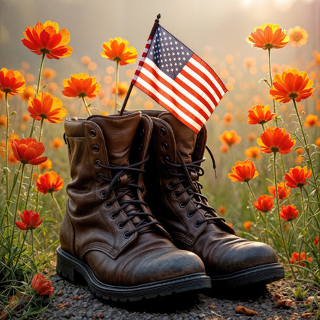 Amidst a vibrant field of poppies, a pair of military combat boots stands boldly, illuminated by the warm sunlight behind the American flag, evoking a profound sense of patriotismの素材