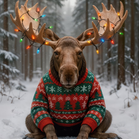 A moose sits in a snowy forest, its antlers adorned with glowing lights, and wearing a bright red scarf that adds a festive touchの素材