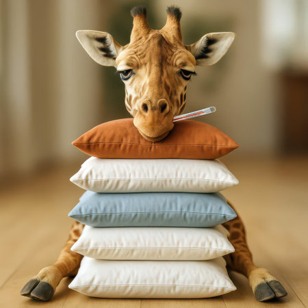 A sick giraffe is comfortably resting its head on a stack of colorful pillows indoors, holding a thermometer in its mouthの素材