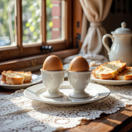 Two boiled eggs sit upright in elegant egg cups on a wooden table, with sunlight filtering through lace curtains and casting soft shadowsの素材