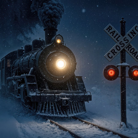 A steam locomotive travels through a snowy landscape, illuminating the dark night with its bright headlight while a railroad crossing sign stands visible alongside, surrounded by fの素材