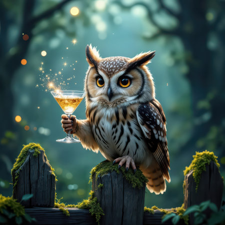 An owl sits on a wooden fence, clutching a glowing cocktail amidst a mystical forest adorned with twinkling lightsの素材