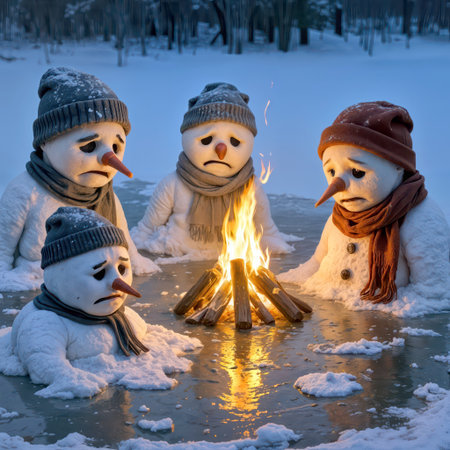 Snowmen are gathered around a crackling bonfire in a snowy field, slowly melting away with sad expressionsの素材