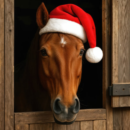 A horse wears a red Santa hat as it peeks out from a wooden stable, its warm tones beautifully contrasting with the festive colorsの素材
