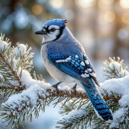 A vibrant blue jay gracefully perched on a snowy pine branch, a stunning contrast against the pristine white landscapeの素材
