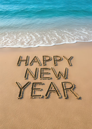 The words "Happy New Year" are beautifully etched into the sand of a pristine beach, as gentle waves caress the shorelineの素材