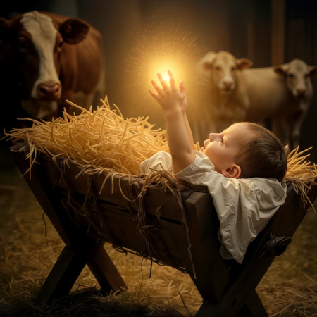 Baby boy in a manger, reaching out to a radiant golden light, while cows stand nearby, creating a serene and sacred sceneの素材