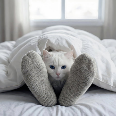 A white cat with blue eyes peeks out from beneath a soft white duvet, with two gray woolen socks adding a playful touch to the cozy sceneの素材