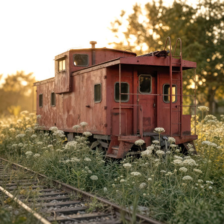 An abandoned old red caboose, its faded paint blending harmoniously with the delicate blooms of Queen Anne's lace that surround itの素材