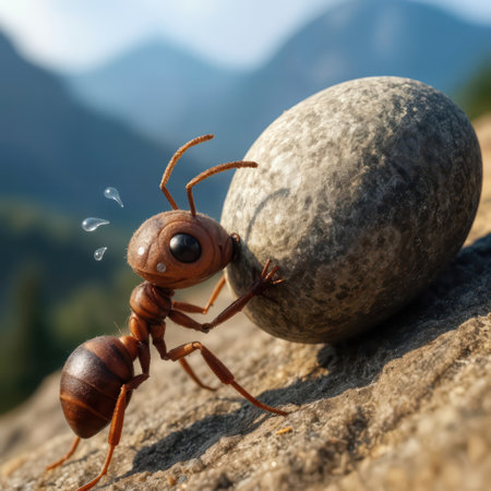 A sweating ant struggles to push a large stone up a hill, with soft-focus mountains providing a serene backdrop to the sceneの素材