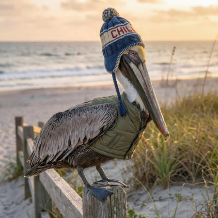A pelican perched on a beach fence wears a winter hat and vest, set against a serene backdrop of gentle ocean waves and a soft skyの素材