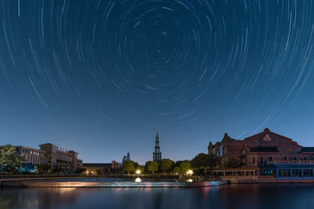 Star trails in the night sky of Pegasus Water City, Jiangyin, Jiangsu